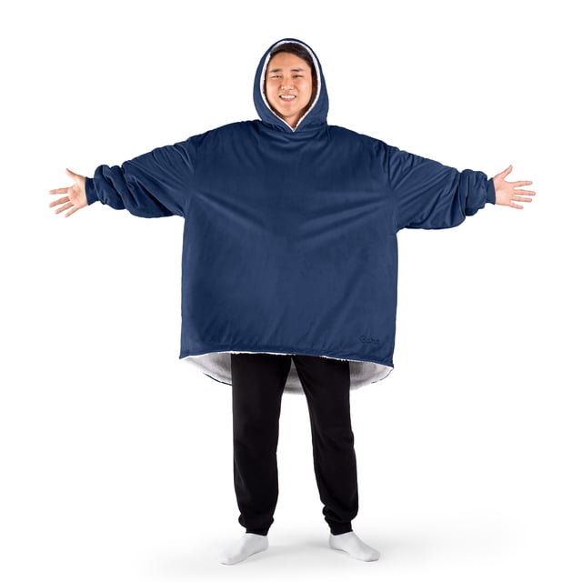 Bare Home Plush Sherpa Wearable Blanket - Fluffy & Soft - Lightweight - Adult, Dark Blue
