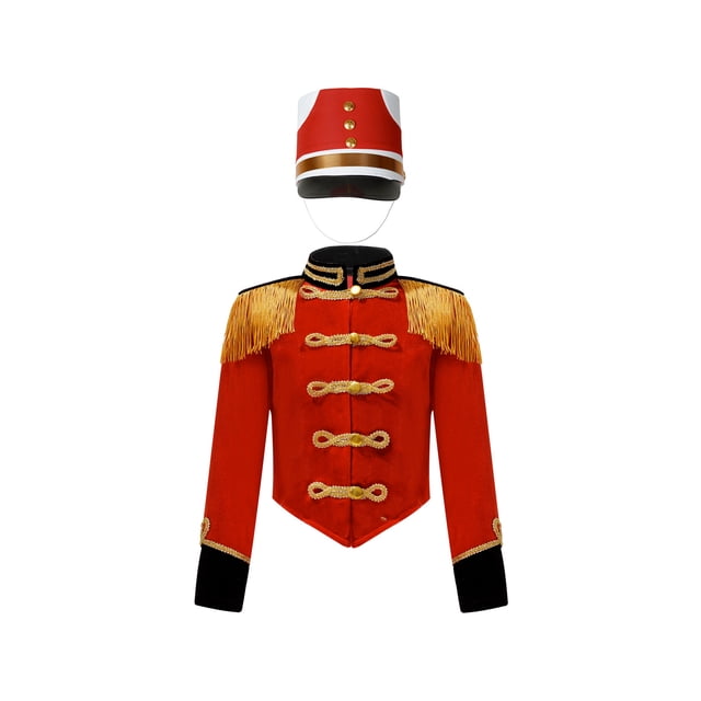 Hansber Enfants Garçons Uniforme d'Équipe de Tambour-Major Tenue de Performance de Batteur Veste à Franges de Fanfare et Chapeau A Rouge 6
