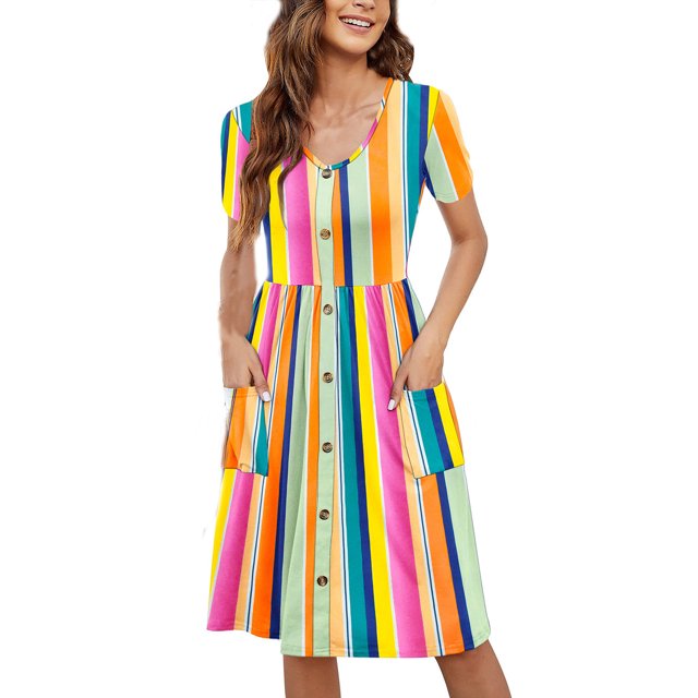 Birdeem Robe Femme Décontractée Aguichant Mode Été Manches Courtes Ample Imprimée Ajustée Poche Boutons Col en V