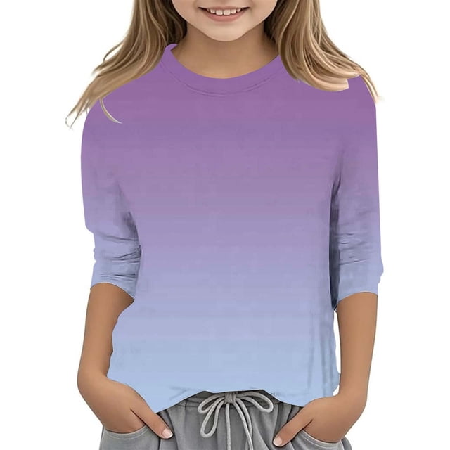 WEIYLL T-Shirts pour Filles Dégradé Imprimé Polyvalent Col Rond Manches 3/4 Vêtements Décontractés pour Enfants de 3-4 Ans