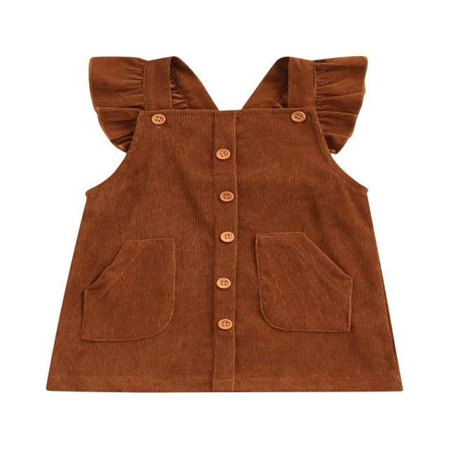 Bébés Filles Printemps Automne Robe Solide Couleur Velours Côtelé Cou Carré Bretelles Robe avec Poches Marron 2-3 Ans