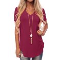 thumbnail image 1 of MAWCLOS Ladies Tee Solid Color T Shirt V Neck Tops Casual Holiday Short Sleeve Tunic Blouse Wine Red M, 1 of 5