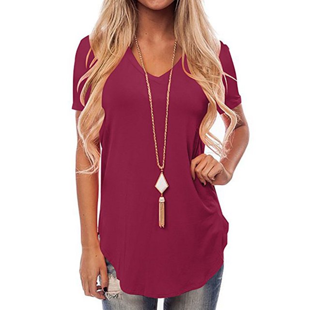 MAWCLOS Ladies Tee Solid Color T Shirt V Neck Tops Casual Holiday Short Sleeve Tunic Blouse Wine Red M