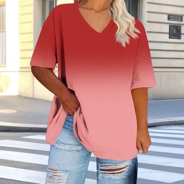 Ovbmpzd Red Tops for Women Trendy Plus Size Short Sleeve V-Neck Gradient Color Comfy Blouses Ladies Tops and Blouses S