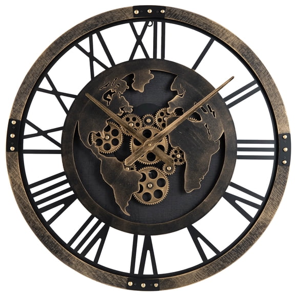 Costway Large Wall Clock, 27” Gear Clock with World Map, Non-Ticking Decorative Metal Clock