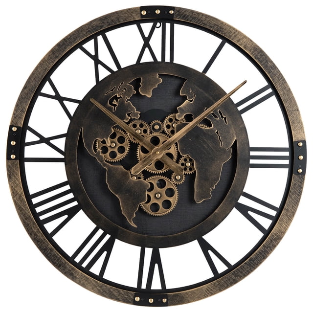 Costway Large Wall Clock, 27” Gear Clock with World Map, Non-Ticking Decorative Metal Clock