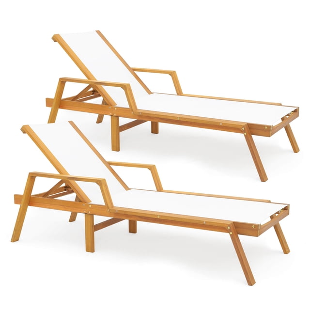 Costway 2 PCS Outdoor Chaise Lounge with Adjustable 5-position Backrest Solid Wood Frame