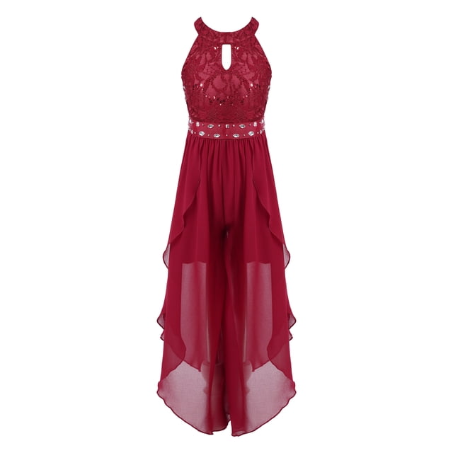 TiaoBug Robe à Volants en Dentelle à Sequins pour Filles, Robe de Demoiselle d'Honneur pour Mariage, Robe de Danse à Paillettes Bourgogne 14