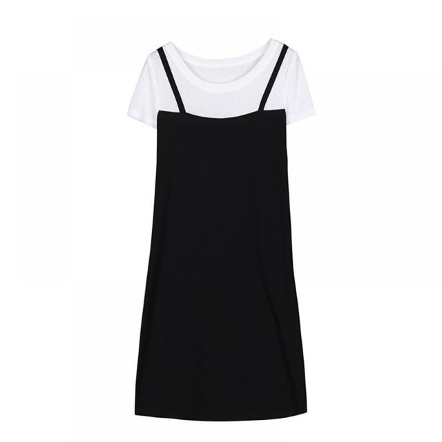 O-cou Manches Courtes Robes Patchwork Faux 2 Couleurs Deux Pièces Femme Fille Robes Doux Confortable Femme Robe en Vrac