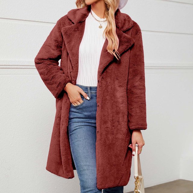 LSLJS Manteau Long Chaud en Fausse Fourrure pour Femmes, Veste d'Hiver à Col Rabattu