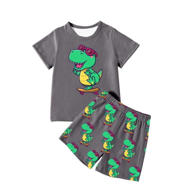 MIASHUI Ensembles et Ensembles pour Garçons Imprimé Dinosaure T-Shirt à Manches Courtes Col Ras du Cou et Ensemble de Shorts pour Tenue Décontractée Âges 4-12 pour Activités Quotidiennes et de Plein Air
