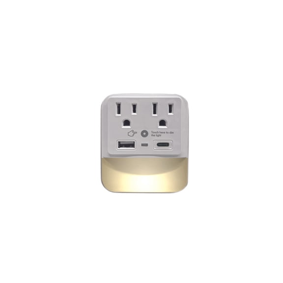 CIAO-TECH 2 prises secteur +1 ports de sortie USB-A + 1 port de sortie USB-C avec lumière de détection LED du crépuscule à l’aube et protection contre les surtensions - Blanc