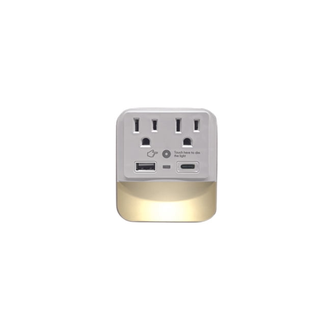 CIAO-TECH 2 AC outlets with 1 USB-A and 1 USB-C output ports surge protector in white, front-facing view showing two power sockets above USB ports and an adjustable LED dusk to dawn sensing light illuminating below, providing 540 joules surge protection for multiple devices.
