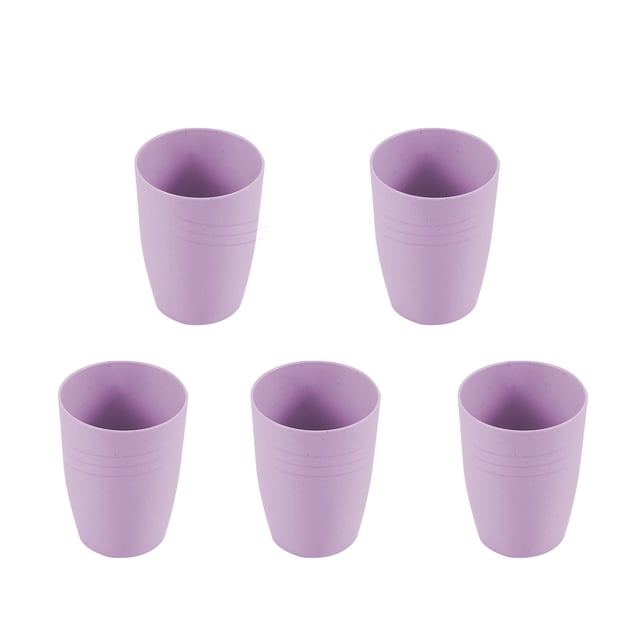 EGNMCR Kitchen Gadgets, Plastic Cups Reusable, Cup Set Of 5 Multicolor Straw Cups with five stackable purple plastic tumblers. Each cup measures 7.5x7.5x10cm, dishwasher and microwave safe, suitable for beverage storage, kids' water bottles, kitchen, office, or travel use.