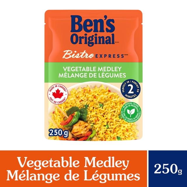 BEN'S ORIGINAL BISTRO EXPRESS Vegetable Medley Rice Side Dish 250g pouch featuring seasoned long grain rice with peas, carrots, and corn in a BPA-free microwavable pouch with orange and green packaging, ready in 2 minutes and suitable as a quick side or paired with proteins.