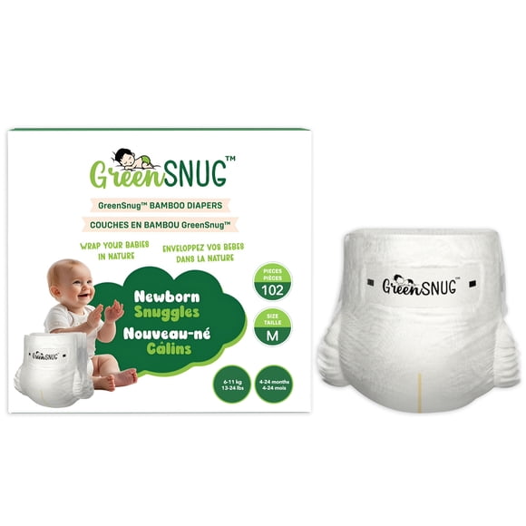 GREEN SNUG Bamboo Baby Diapers Size 2 (6–11 kg) - Disposable Bamboo Fiber Diapers with Wetness Indicator - Latex & Chlorine Free - Breathable Topsheet - Soft Adjustable Fit - 102 count.