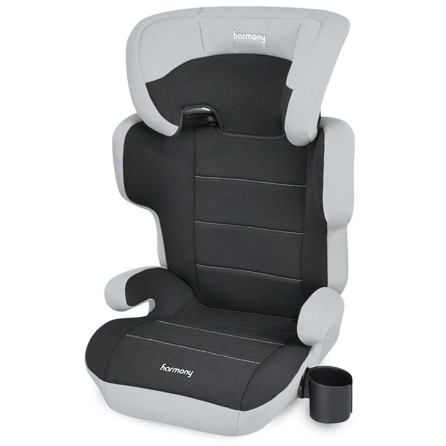 Harmony 0303010 Dreamtime Siège d'Appoint de Voiture Elite Comfort en Gris et Noir, Vue Orientée vers l'Avant Montrant un Dossier Haut avec Ailes de protection contre les Impacts Latéraux, Accoudoirs Rembourrés, Siège en Tissu Cousu et Porte-Gobelet Noir Attaché, Conçu comme un Rehausseur à Positionnement par Ceinture avec Mousse Absorbant l'Énergie pour une Sécurité Accrue.