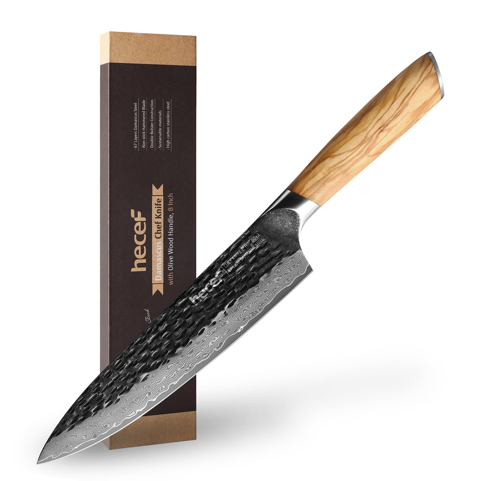 Hecef 8-Inch Japanese Chef Knife, Forged 67-Layer Damascus Steel Ultra Sharp Professional Hammered Carving Knife