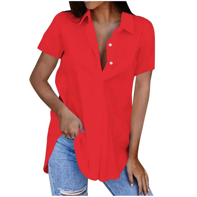 Birdeem Blouses pour Femmes Mode Décontractée Unie Col Rabattu Manches Courtes Bouton T-Shirt Haut Blouse