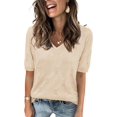 thumbnail image 1 of Arach&Cloz Women's V-Neck Short Sleeve Special Rib Knitted Pattern Casual Tops Sweater Spring Summer 2025, 1 of 6