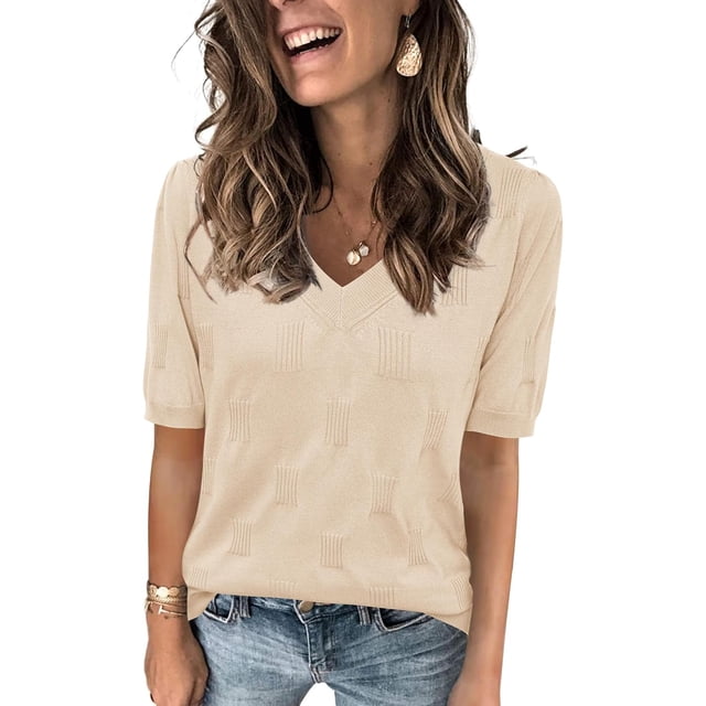 Arach&Cloz Women's V-Neck Short Sleeve Special Rib Knitted Pattern Casual Tops Sweater Spring Summer 2025