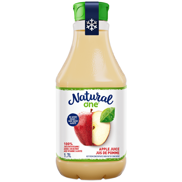 Natural One Apple Juice 1.7 L bottle with green cap and white label featuring a red apple half and a sliced apple half with a green leaf, highlighting 100% NFC juice with vitamin C, no added sugar or preservatives, made in Brazil, suitable for fresh juice drinkers and often used in smoothies.