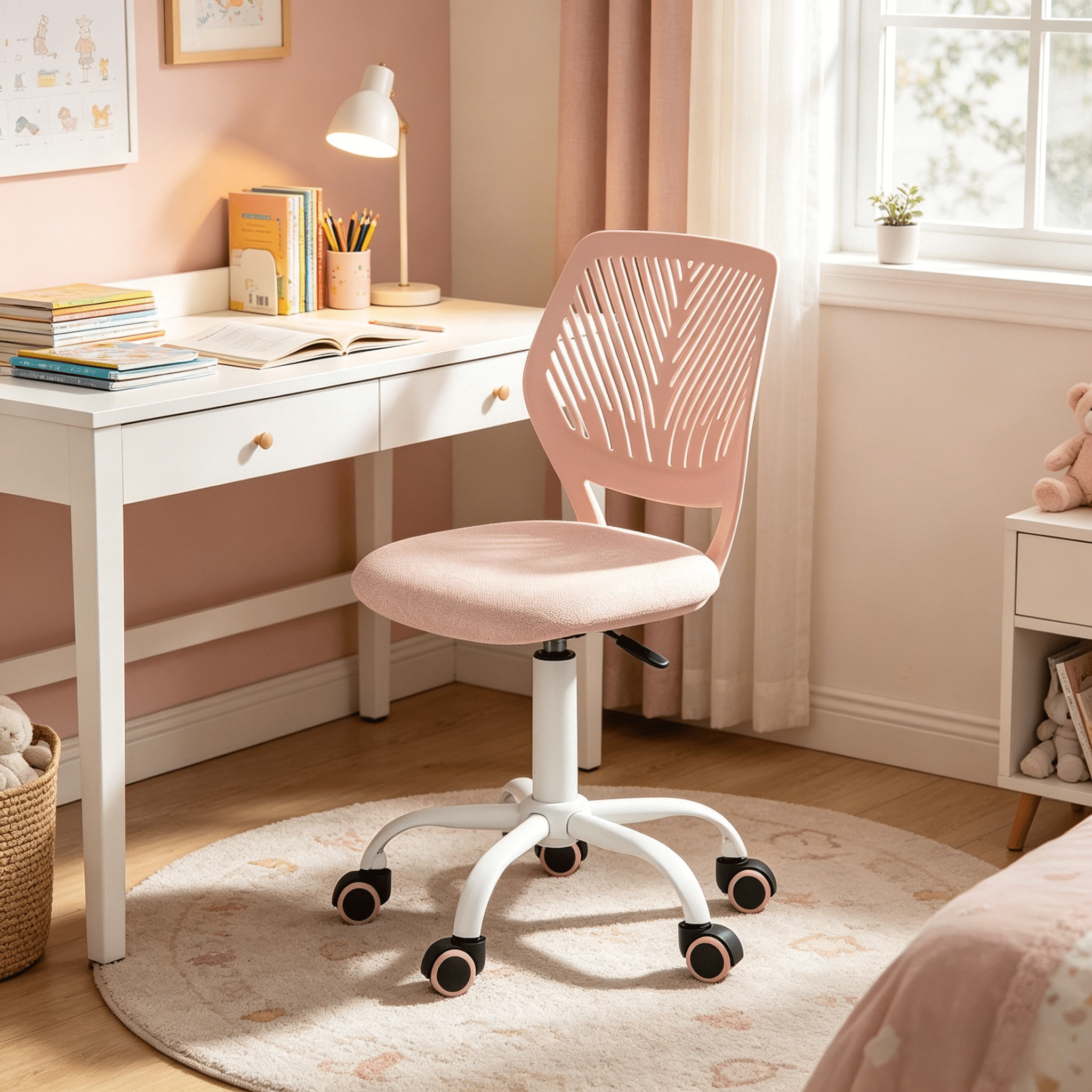 Homy Casa Pink Ergonomic Task Chair, Armless Adjustable Swivel Desk Chair with PU Casters for Study & Home Office