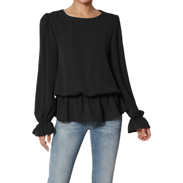 TheMogan Blouse en Chiffon à Manches Longues Bouffantes pour Femmes, Taille Froncée, Volants, Peplum