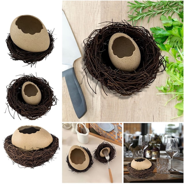 Unique Eggshell Shaped Ceramic Serving Bowl With Woven Rattan Base For Elegant Dining Table And Display