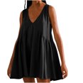 thumbnail image 1 of Penkiiy Robe Courte Sans Manches à Col en V pour Femme, Ample, d'Été, Plissée, Évasée et Fluide, 2TG, Noire, 1 of 7