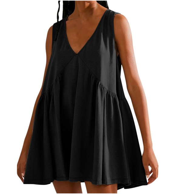 Penkiiy Robe Courte Sans Manches à Col en V pour Femme, Ample, d'Été, Plissée, Évasée et Fluide, 2TG, Noire