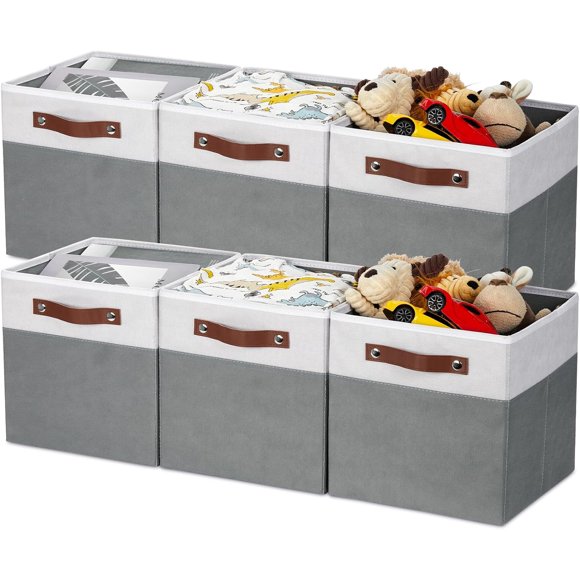 Cubes de Rangement en Tissu HNZIGE 11x11x11, 6 Pcs Organisateurs de Cubes de Rangement pour Étagères, Grands Cubes de Rangement Pliables en Lin pour Placard, Paniers pour Rangement de Cubes à Domicile, Jouets de Bureau (Blanc Gris)