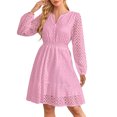 thumbnail image 3 of Gspmoly Robes pour Femmes Grande Taille, Robe à Manches Longues pour Femmes à Col en V Ajourée avec Oeillets Brodés Plissée, Robe à Manches Longues à Col en V Longueur Genou, Robes d'Été pour Femmes Offres, 3 of 3