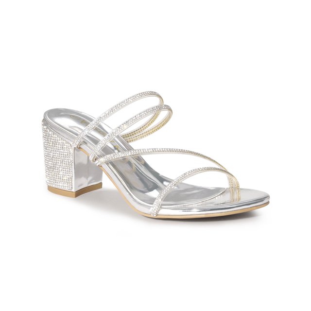 BLISSFUL STEP Women Rhines Block Heel Slide Sandals Silver 6