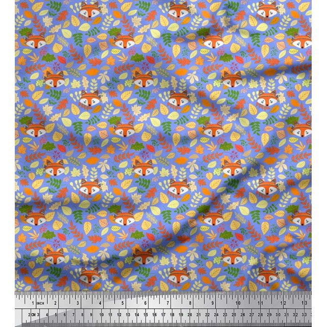 Soimoi Poly Georgette Fabric Leaves & Fox Face Cartoon Printed Fabric 1 Yard 52 Inch Wide