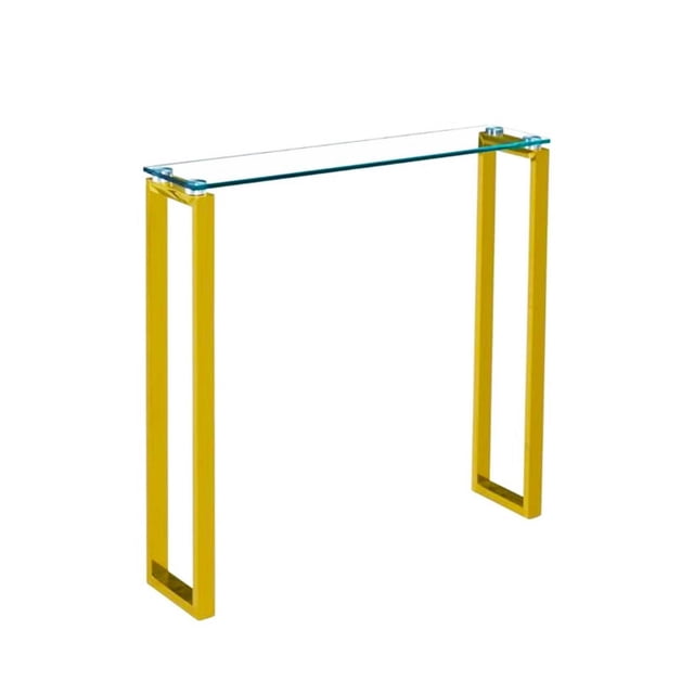 Canadian Delta Slim Console Table Gold with a slim 12mm clear tempered glass top and golden chrome rectangular legs, shown front-facing on a white background, ideal for living room or entryway use as an accent or display surface.