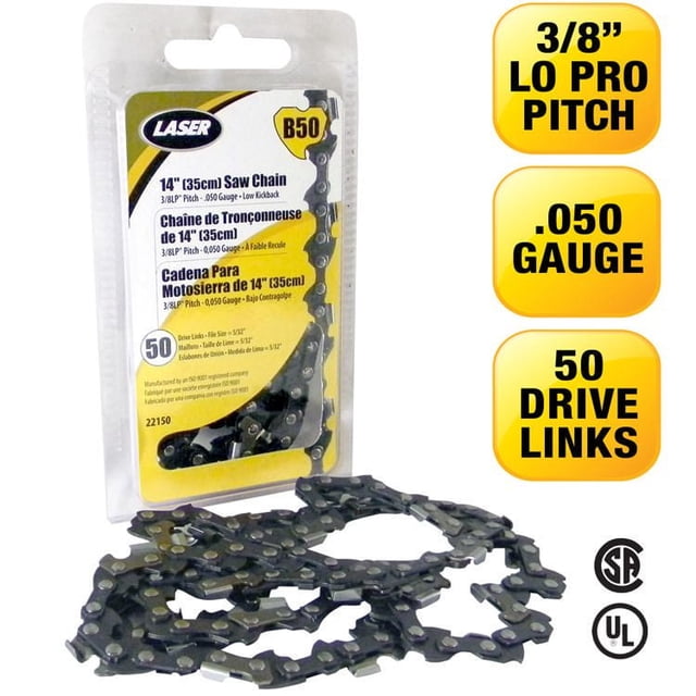 LASER Saw Chain 3/8LP-050 50 Drive Links coiled in front of clear plastic packaging with yellow and white label showing 14 inch replacement chain specifications including 3/8LP pitch, .050 gauge, semi-chisel cutters, safety bumper links, and engineered for low vibration and ANSI low kickback compliance.