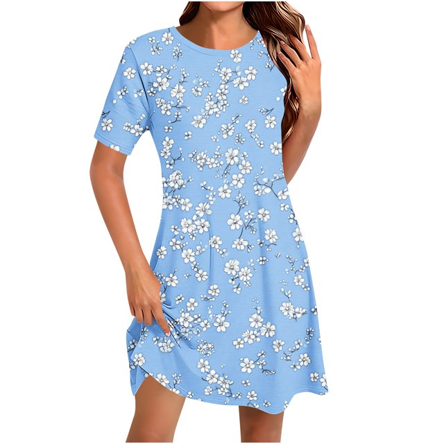Ovzne Robes d'Été pour Femmes Robe pour Femme Mode pour Femmes Col Rond Manches Courtes Robe Chandail Imprimée Robe d'Été Manches Courtes Liquidation