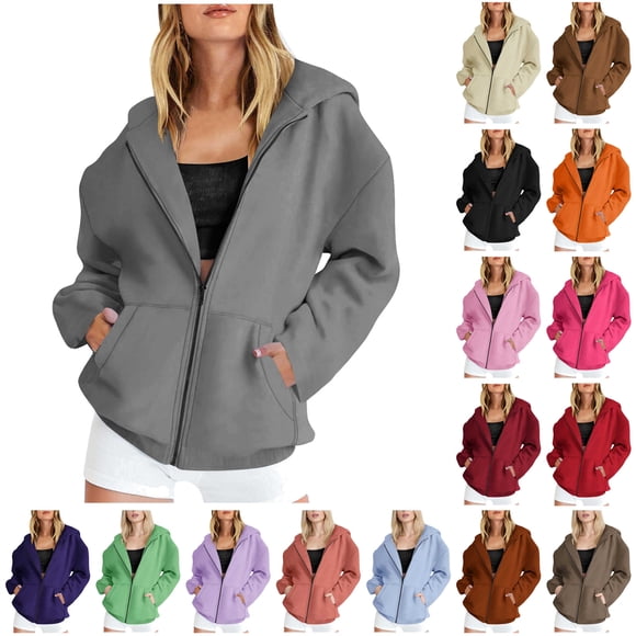 QATAINLAV Womens Zip Up Hoodies Long Sleeve Oversized Solid Fleece Jacket Fall Fashion Hooded Sweatshirts Coats with Pockets, Pink, M