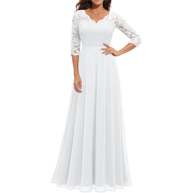 Faithtur Nouvelle Mode Femmes Longue Robe Couleur Unie Patchwork Dentelle V-Cou à Manches Mi Dos Sans Fermeture Éclair Robe Féminine