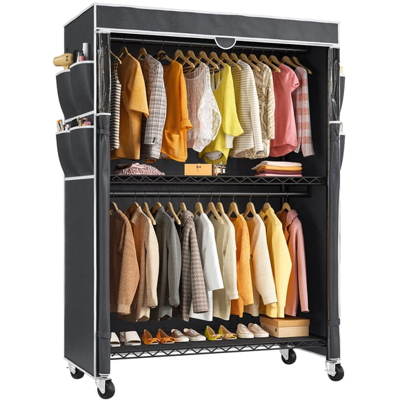 Exenoray Rolling Closet Organizer with Cover, Single Column Garment Rack with Shelves & Hanging Rods, Heavy Duty Metal Clothing Rack with Wheels, 445 lbs Capacity, 45" W x 17.5" D x 81" H, Black