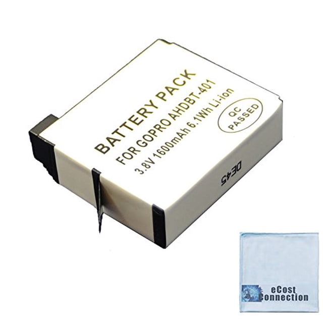Batterie pour GoPro HERO4 Silver et Black Edition, 1600 mAh, Montrée avec un Chiffon de Nettoyage en Microfibre par eCostConnection. la Batterie au lithium-ion Polymère rechargeable Est compatible avec les Éditions GoPro HERO4 Black et Silver, Évaluée à 1600 mAh pour une Utilisation Prolongée. le Chiffon en Microfibre Est Inclus pour Nettoyer les Objectifs d'Appareil Photo et les Accessoires.
