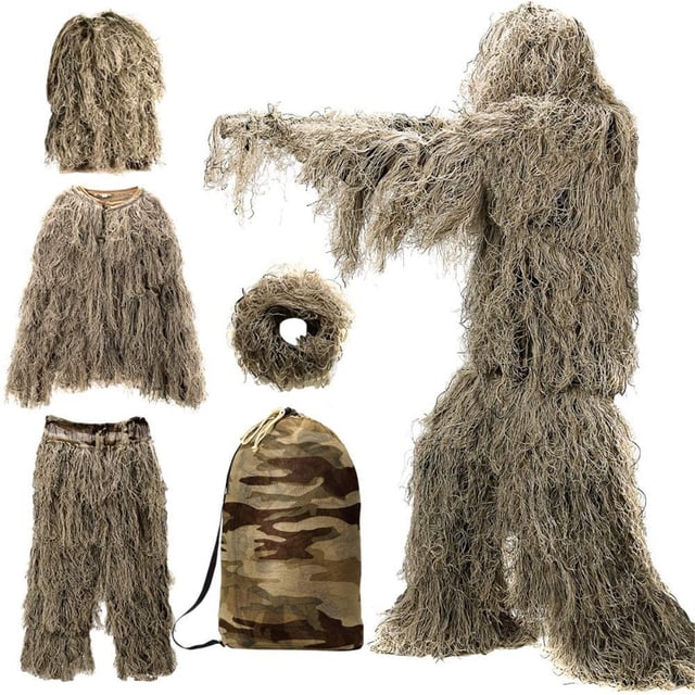 Meitianfacai 5 In 1 Ghillie Suit, 3D Camouflage Hunting Apparel Including Jacket, Pants, Hood, Carry Bag