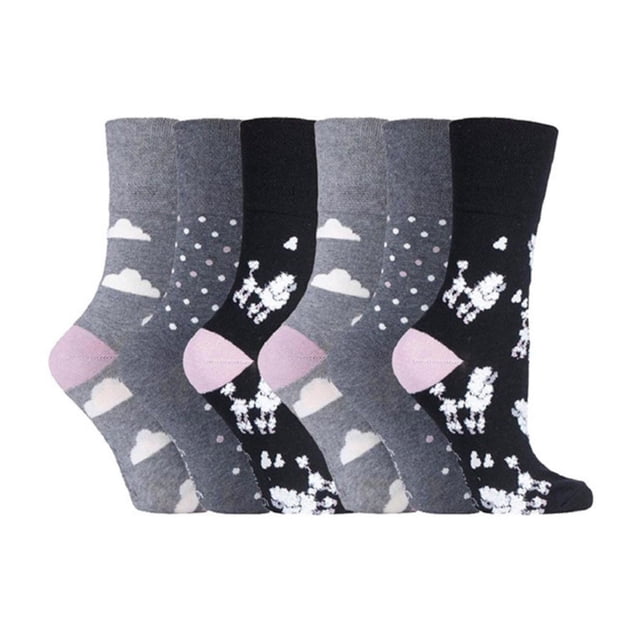 Gentle Grip - 6 Pairs Ladies Gentle Grip Non Elastic Socks featuring a variety of designs, including clouds and sheep patterns in grey and black tones. Made from soft, cotton-rich yarn with a HoneyComb Top for comfort, these socks are ideal for individuals with circulatory issues or swollen feet. Designed to mould to the natural contours of the legs without leaving constriction marks, they include flat seamed toes for added wearability and breathability.