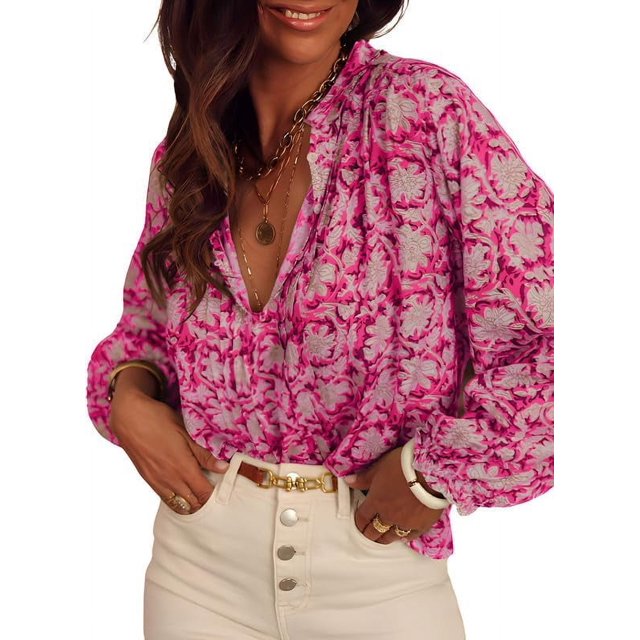 ORUYROP Chemisiers Chemises Hauts Décontractés Boho à Imprimé Floral à Col en V à Manches Longues Amples pour Femmes