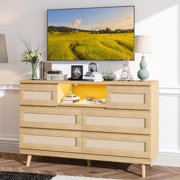 YUSAZENS Rattan Dresser with 6 Drawers & LED Light - Wooden Chest of Drawers, Charging Station, Dresser Organizer for Bedroom Living Room Hallway, Oak