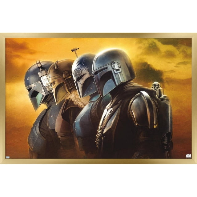 Star Wars : The Mandalorian Saison 3 - Affiche Murale de Casques Montrant un Profil Latéral de Quatre Casques Mandalorian Détaillés Alignés contre un Ciel Doré Texturé, Imprimée sur Papier d'Affiche Brillant Format 22,375 par 34 Pouces, Convient comme art Mural Ou Déco de Pièce.