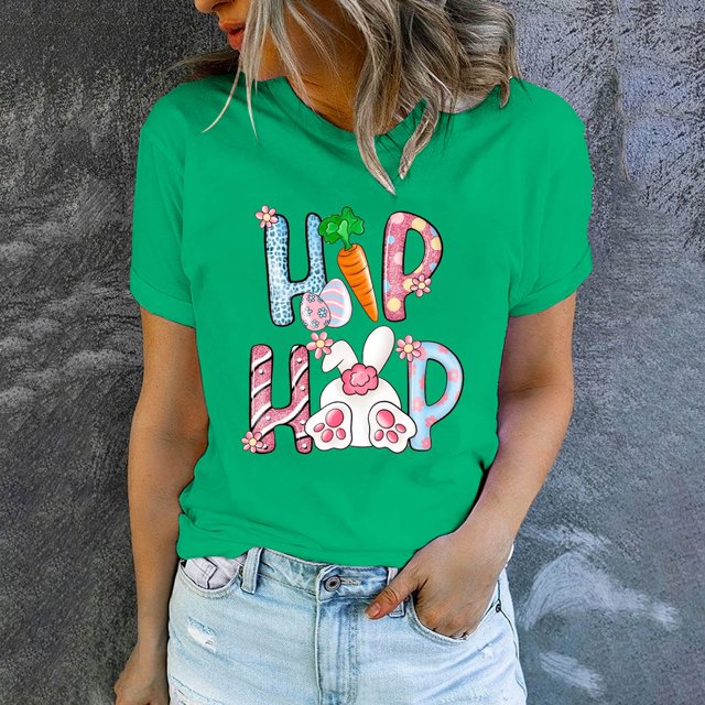 EGNMCR Chemises de Pâques pour Femmes Chemises pour Femmes Imprimé de Pâques T-shirt Col Rond Mode Confortable Haut Manches Courtes Col Rond T-Shirts pour Femmes