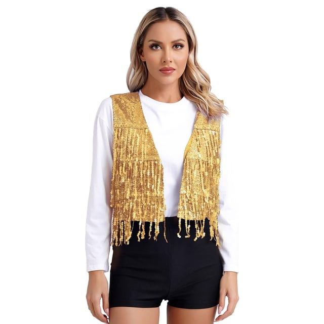 Ocealan Gilet à Franges à Paillettes pour Femme Vestes Sans Manches Scintillantes Gilet à Paillettes Manteau Fête Bal Ouvert à l'Avant Gilet Or S