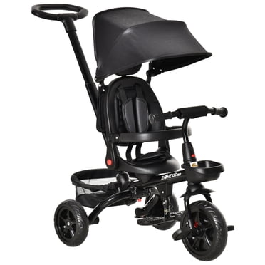 Qaba Baby Tricycle 4 In 1 Trike w/ Reversible Angle Adjustable Seat Removable Handle Canopy Handrail Belt Storage Footrest Brake Clutch for 1-5 Years Old Black
